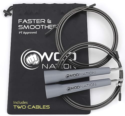 WOD Nation Adjustable Speed Jump Rope For Men, Women & Children - Blazing Fast Fitness Skipping Rope Perfect for Boxing, MMA, Endurance - color: Grey