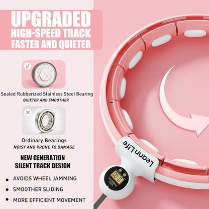 U5 Smart Weighted Hula Hoop with Counter, Waist Trimmer & Wash Bag –16 Knots, 28"–46" Adjustable Infinity Hoop Plus Size, Quiet Rubberized Wheels, Abdominal Toner - color: Pink + Waist Trimmer