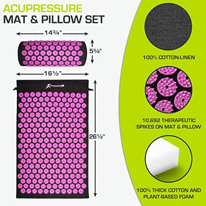 ProsourceFit Acupressure Mat and Pillow Set for Back/Neck Pain Relief and Muscle Relaxation - color: Black/Pink, size: Large