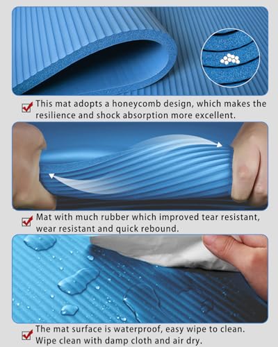 YR Large Yoga Mat for Men Thick Exercise Mat 76"x35" 15mm Foam Mat - color: Blue