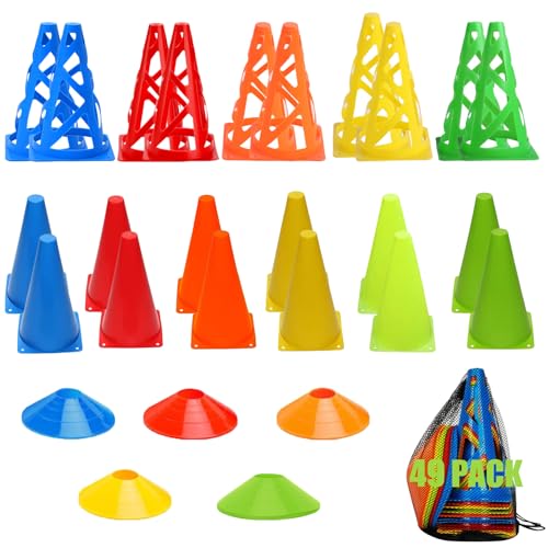 Soccer Cones for Training, 49 Pack Colored Small Sports Cones for Practices Kids, Agility Training Equipment Set with Carry Bag