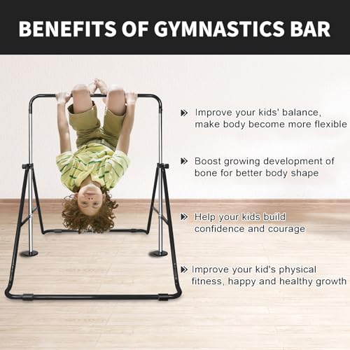 Kids Gymnastics Bar, Adjustable Horizontal Bar with Removable Bear Rings, Multi-Functional Training Bar for Children 3-12 Years, Home Use Junior Gymnastic Equipment for Strength