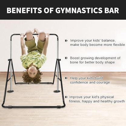 Kids Gymnastics Bar, Adjustable Horizontal Bar with Removable Bear Rings, Multi-Functional Training Bar for Children 3-12 Years, Home Use Junior Gymnastic Equipment for Strength