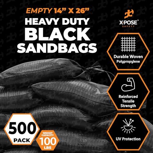 Xpose Safety Heavy Duty Sand Bags with Tie Strings – Empty Woven Polypropylene Sandbags for Hurricane Flood Protection, 100 lb Capacity, 14" x 26", Black, Pack of 500 - color: Black, size: 1 Count (Pack of 500)