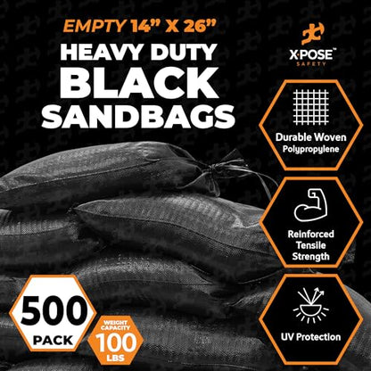Xpose Safety Heavy Duty Sand Bags with Tie Strings – Empty Woven Polypropylene Sandbags for Hurricane Flood Protection, 100 lb Capacity, 14" x 26", Black, Pack of 500 - color: Black, size: 1 Count (Pack of 500)