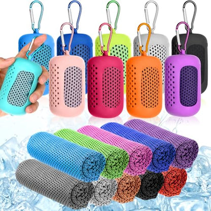 Peryiter 20 Pack Cooling Towels with Silicone Carry Cases Cooling Towels - size: 35 x 12 Inch, style: Round Silicone