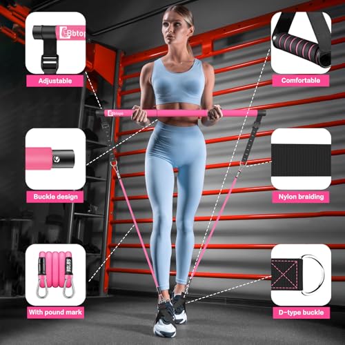 Pilates Bar Kit with Resistance Bands,Pilates Bar with Stackable Bands Workout Equipment for Legs,Hip,Waist and Arm,Exercise Fitness Equipment for Women & Men Home Gym Yoga Pilates - color: Hot Pink