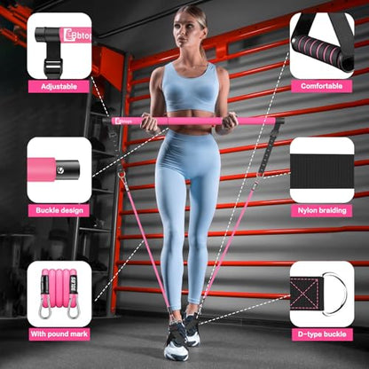Pilates Bar Kit with Resistance Bands,Pilates Bar with Stackable Bands Workout Equipment for Legs,Hip,Waist and Arm,Exercise Fitness Equipment for Women & Men Home Gym Yoga Pilates - color: Hot Pink