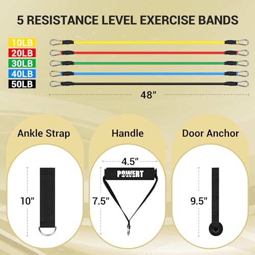 POWERT Resistance Bands Set (11pcs), Workout Bands with Handles, Door Anchor, Ankle Straps and Carry Bag, Exercise Bands, Portable Set, Good for Home Gym Fitness,Sports, Physical Therapy