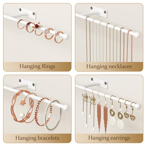 Wall Hanging Jewelry Organizer: 12.6'' Necklace Holder for Earring, Bracelet, Rings, Hairband, Glasses, White 2-Pack, Screws Included