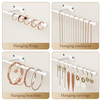 Wall Hanging Jewelry Organizer: 12.6'' Necklace Holder for Earring, Bracelet, Rings, Hairband, Glasses, White 2-Pack, Screws Included