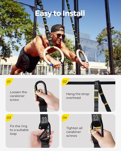 Gymnastics Rings 32mm Wooden Olympic Rings Support 1500lbs Locked Carabiners 9ft Double-Layer Numbered Straps Non-Slip Gym Rings with Foot Straps Door Anchor for Home Gym Full Body Workout - style: 1.25" Carabiners Rings & Daisy Chains Straps & Door Ancho