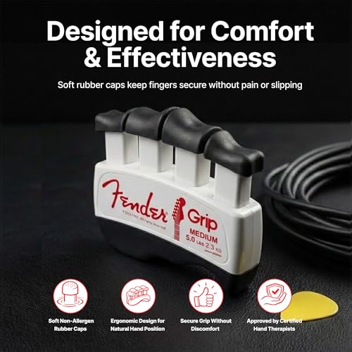 Fender GRIP Hand and Finger Exerciser – Best Ergonomic Finger Strengthener to improve play on all stringed instruments (Guitar, Bass, Violin, etc.) (Tensions: WHITE=5-Lbs; RED=7-Lbs; BLACK=9-Lbs) - color: White