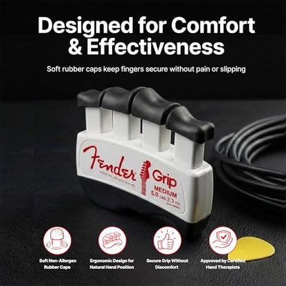 Fender GRIP Hand and Finger Exerciser – Best Ergonomic Finger Strengthener to improve play on all stringed instruments (Guitar, Bass, Violin, etc.) (Tensions: WHITE=5-Lbs; RED=7-Lbs; BLACK=9-Lbs) - color: White
