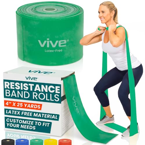 Vive Professional Resistance Bands - 25 Yard Non-Latex Roll for Physical Therapy, Lower and Upper Body Exercise Workout - Straight Elastic for Strength Training, Rehabilitation, Women, Men - color: Green
