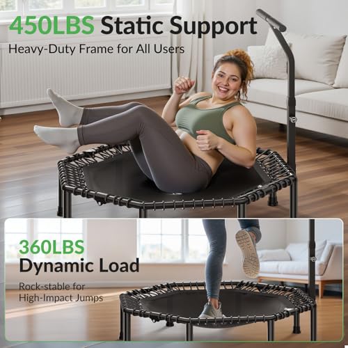 BCAN BT3 51" Octagonal Rebounder Trampoline for Adults, 450LBS Max Load Fitness Trampoline with Large Jumping Area, Silent Bungee Mini Trampoline with T-Adjustable Handle for Home Gym