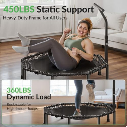 BCAN BT3 51" Octagonal Rebounder Trampoline for Adults, 450LBS Max Load Fitness Trampoline with Large Jumping Area, Silent Bungee Mini Trampoline with T-Adjustable Handle for Home Gym