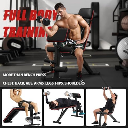 Foldable Weight Bench, Adjustable Workout Bench with Leg Extension, Preacher Pad, Extended Headrest, Space-saving Banco de Pesas for Home Gym, 800lbs Full Body Workouts Strength Training