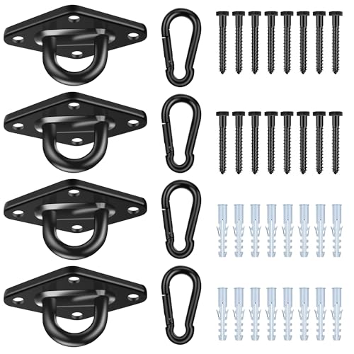 Albo Diamond Plate 2650lbs Swing Hangers 4 PCS - Heavy Duty Ceiling Mount Hooks with Snap Carabiners, 304 Stainless Steel for Wood & Concrete & Metal, Indoor Outdoor Anchor for Hammock, Yoga, TRX - size: Diamond 4pcs Black