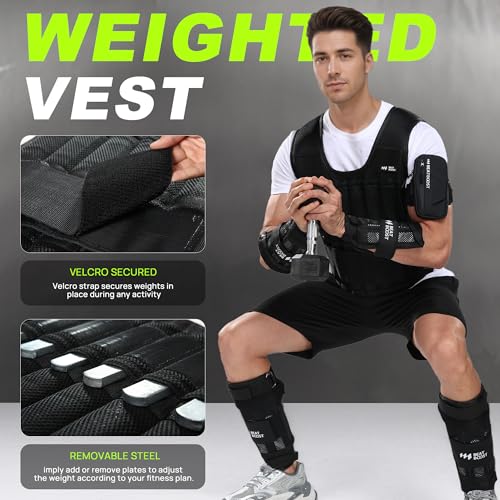 Weighted Vest Men 20lb/30lb/40lb/50lb/60lb Adjustable Weight Vest with Steel Plates Weight for Running Workout