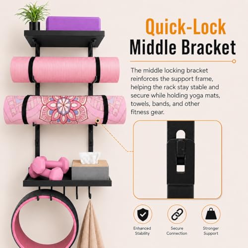 Yoga Mat Holder Wall Mount, Yoga Mats Rack with Double Floating Shelves, Yoga Accessory Storage Rack with 5 Hooks for Resistance Bands and Workout Equipment for Home Gym Storage, Black