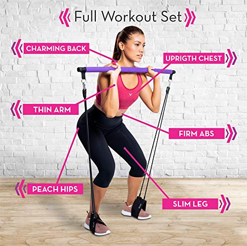 Pilates Bar Kit with Resistance Bands (Up to 100lbs) - Portable Home Gym Equipment for Squats, Yoga, and Full Body Toning - 3-Section Steel Bar + Fabric Booty Band
