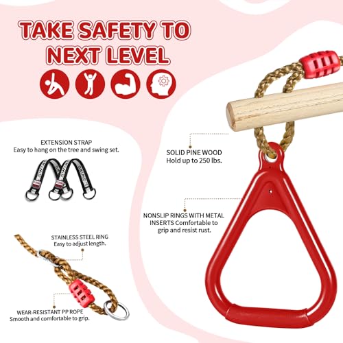 LadyRosian Wooden Trapeze Swing Bar, Adjustable Height Swing Set, Gym Rings, Playground Attachments, 16.5" Monkey Bar for Backyard, Playground, Playroom (Red) - color: Red