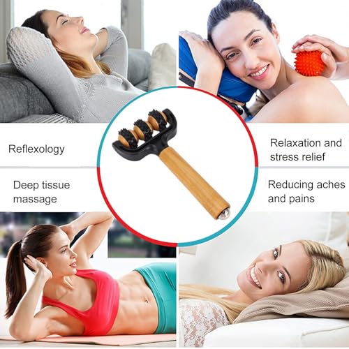 Handheld Spiky Massage Balls Roller, 3 Wheels Spiky Point Muscle Massage Roller with Wood Handle, Muscle Relaxation Tools for Foot Arm Body Neck Leg Pain Pressure Relief