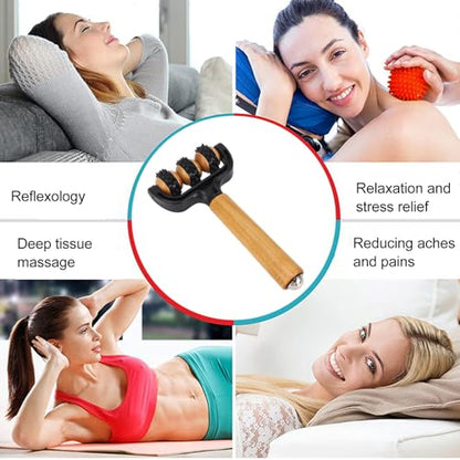 Handheld Spiky Massage Balls Roller, 3 Wheels Spiky Point Muscle Massage Roller with Wood Handle, Muscle Relaxation Tools for Foot Arm Body Neck Leg Pain Pressure Relief