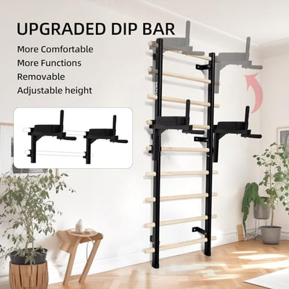 Swedish Ladder Dip Bar Attachment, Fits TS003A Ladder, Wood Stall Bar for School, Physical Therapy and Gymnastics, Multi-grip
