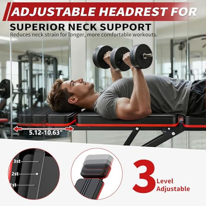 Adjustable Weight Bench, Foldable Workout Bench Press, 800LBS Weight Benches for Home Gym, Workout Equipment with Preacher Curl & Leg Extension, Incline Decline Flat Bench for Full Body Exercise & Fitness Equipment