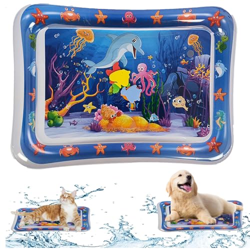 2 Pieces Upgraded Thickened Cat Water Mat,Interactive Cat Toy for Indoor Cats to Exercise, Hunting,Swatting, Anti-Scratch Leak Proof Foldable Water Sensory Play Mat with Fish for Pet Play