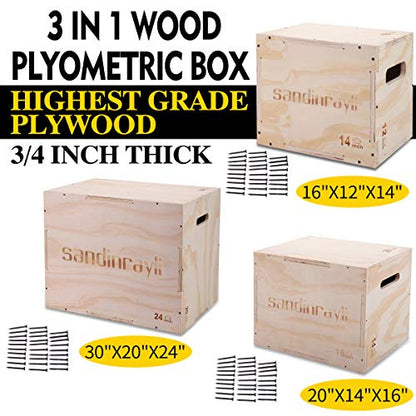 3-in-1 Wooden Plyo Jump Box for Training, Workout Step Platform, Multi-Sided Crossfit Equipment for Exercises of All Skill Levels