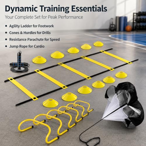 Agility Training Set, Speed Training Set with Ladder, Cones, Hurdles & Parachute, Athletic Gear for Football Basketball, Includes Carry Bag - style: Speed And Agility Training Set