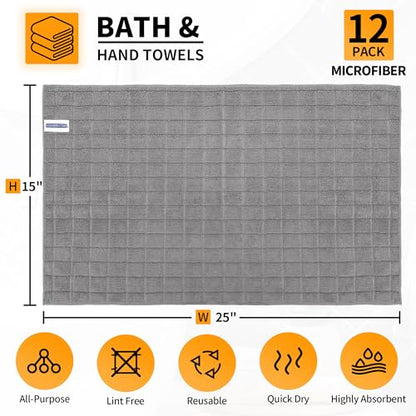 Hand Towels, 12 Pack 25''*15'' Gym Towels, Grey Quick Dry Lint Free Soft Absorbent Bulk Checkered Fingertip Washcloths Bath Towels for Bathroom Kitchen Salon Workout Shower