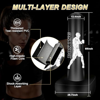 Punching Bag for Adults, 70" Boxing Bag with Stand, Freestanding Heavy Bag with Boxing Gloves, Reflex Ball Set, Kickboxing Bag Training Equipment for Muay Thai, MMA, Gym, Training, Fitness - style: White Athlete - Accessories Not Included