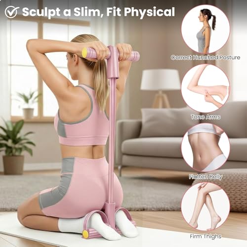 Upgraded 8-Tube Multifunction Foot Pedal Resistance Band (Pink), Enhanced Tension Sit Up Pull Rope, Abdominal Trainer for Home Gym, Full Body Workout Equipment for Core Leg Arm Waist Strength Training