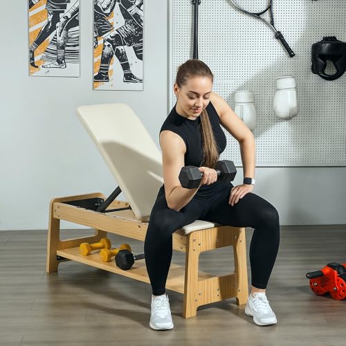 Soozier Adjustable Weight Bench with Dumbbell Rack, Wooden Workout Bench, Flat or Incline Bench for Home Gym Weight Lifting Training - color: White