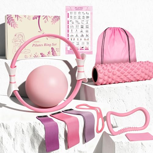 Pink Pilates Ring Kit with 14 inch Magic Circle & Foam Roller, Ergonomic Home Workout Equipment Set, Full Essentials for Women Beginners - Includes Exercise Guide & Storage Bag