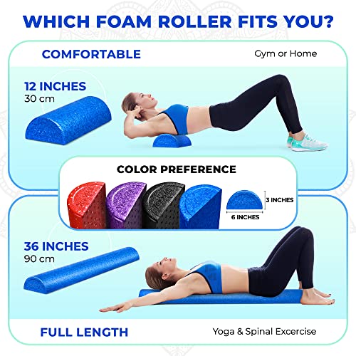 Yes4All High-Density EPP Half Round Back Roller Foam, Exercise Foam Roller for Yoga, Pilates & Stretching - 12, 18, 24, 36 inch - color: Blue, style: 12 inch