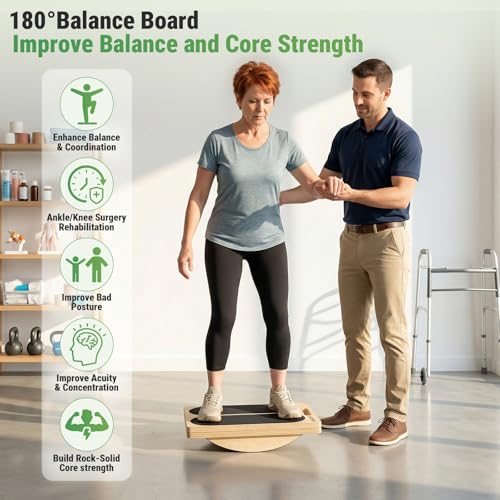 2-in-1 Slant & Balance Board, 180° Adjustable Wooden Calf Stretcher with Training Poster, 6 Angle Portable Incline Board, 300lb Capacity for Ankle Achilles Stretching & Physical Therapy