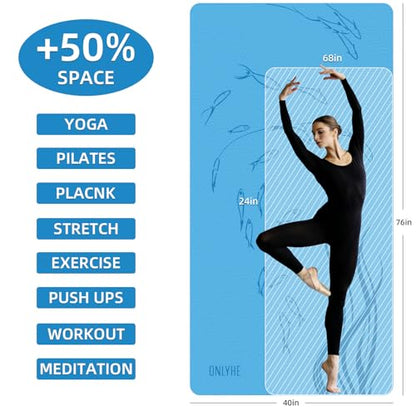 Extra Wide Yoga Mat 76"x40"x10mm TPE Double-Width Exercise Mat for Couples, Tall Yogis & Home Workouts, Non-Slip, Free of PVC & Latex - color: Medium blue + Dark blue