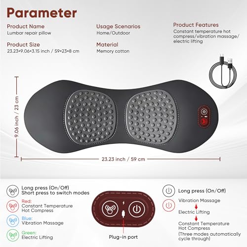 3 in 1 Upadate Rechargeable Electric Lumbar Support Pillow with Adjustable Height for Bed and Chair,Cordless Back Massager for Pain Relief Deep Tissue,Back Massager with Heat for Home & Office