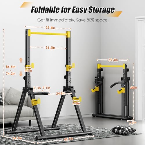 soges Foldable Power Tower, Pull Up Dip Station for Home Gym, 500 LBS Capacity Power Tower with Triangular Design, Adjustable Height Pull Up Bar for Full Body Workout - color: Yellow