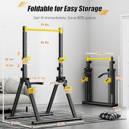 soges Foldable Power Tower, Pull Up Dip Station for Home Gym, 500 LBS Capacity Power Tower with Triangular Design, Adjustable Height Pull Up Bar for Full Body Workout - color: Yellow