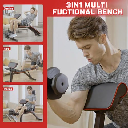 Adjustable Weight Bench - Bench Press for Full Body Workout, Foldable Workout Bench for Home Gym, Strength Training Bench to Incline Decline Flat w/Leg Extension and Pracher Pad (Red)