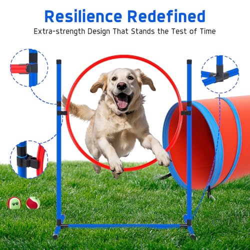 Dog Agility Equipment, Dog Agility Course Backyard Set Obstacle Course Backyard Includes Adjustable High Hurdle,6 Weave Poles,Extended Tunnel,Jump Ring,Square Pause Box,2 Balls,Whistle,2 Carrying Bags - size: 10 PCS Upgrade with tunnel
