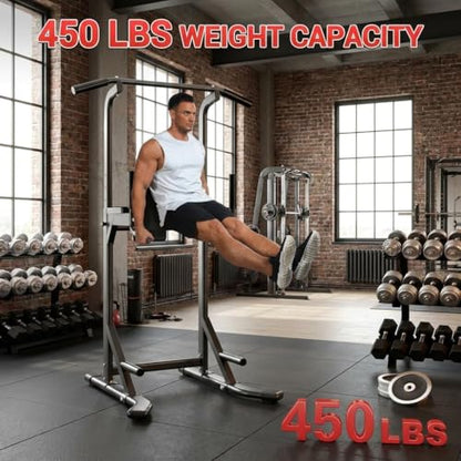 Power Tower, Heavy Duty Pull Up Bar 450LB Capacity, Multi-Functional Dip Station Adjustable Height, Strength Training Equipment Full Body for Home Gym, Pull-Ups, Dips & Leg Raises, Carbon Steel