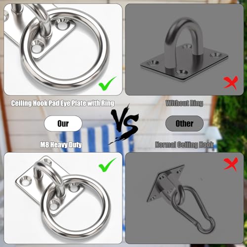 AccEncy 2Pcs M8 Stainless Steel Extra Large Heavy Duty Ring and Square Wall Mount Ceiling Indoor/Outdoor Hooks