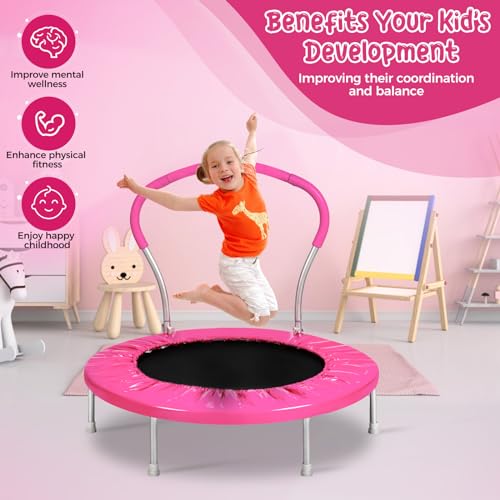 Mini Trampoline for Kids, Indoor Toddler Trampoline with Handle, Child Small Rebounder Trampoline for Indoor and Outdoor Use - style: Pink-36Inch